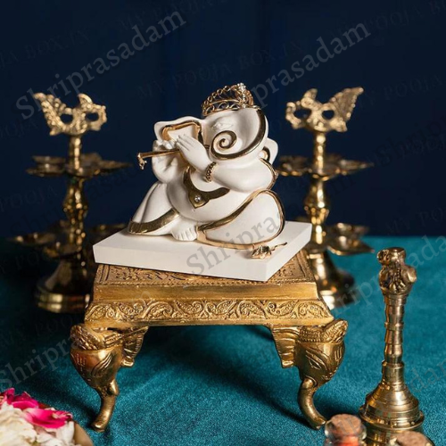 Gold Plated Ganesha with Flute Marble Idol
