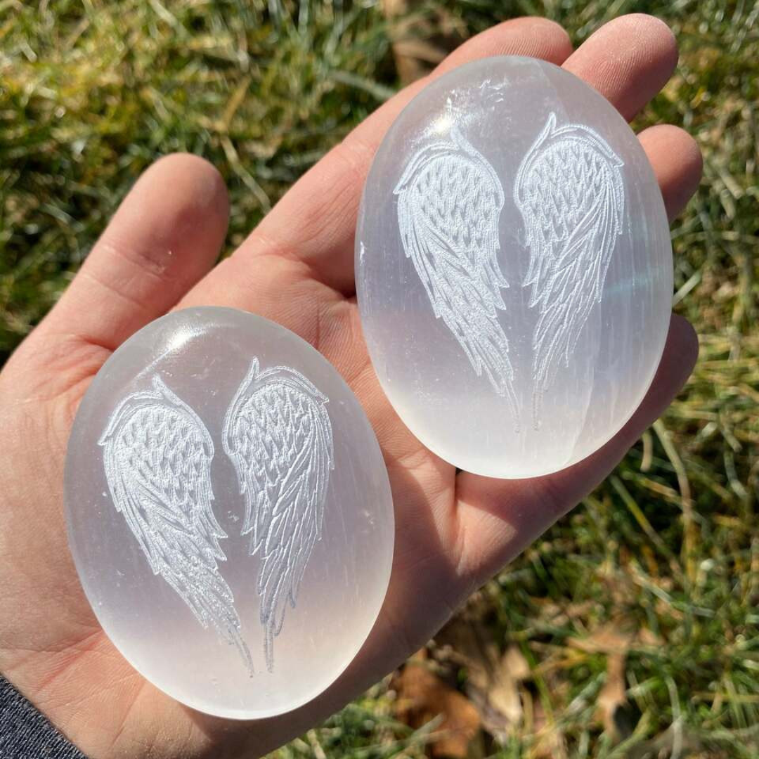 Selenite Palm Stone With Angel Wing Engraving For Removing Negative Energy