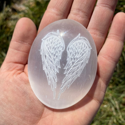 Selenite Palm Stone With Angel Wing Engraving For Removing Negative Energy