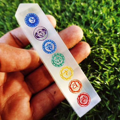 7 Chakra Symbols Engraved On Selenite For Healing And Meditation