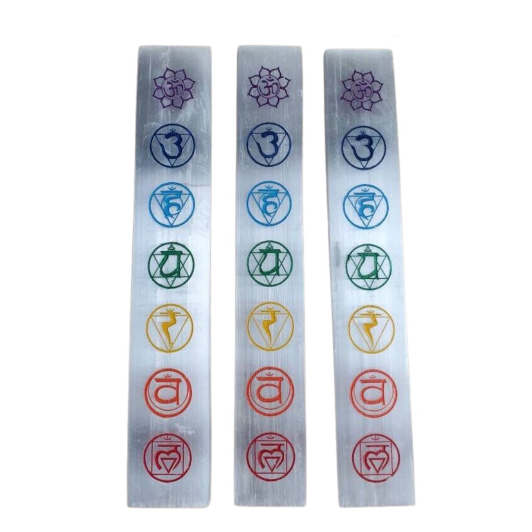 7 Chakra Symbols Engraved On Selenite For Healing And Meditation