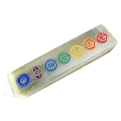 7 Chakra Symbols Engraved On Selenite For Healing And Meditation