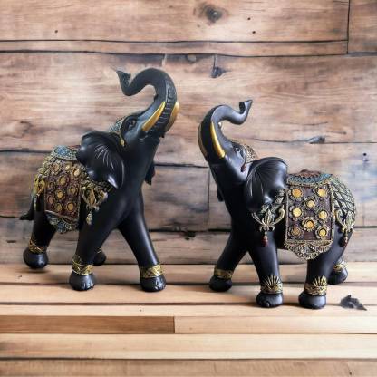 Black Resin Elephants High Attention Ornaments Sculpting on Elephants Set of 2 Decorative Showpiece