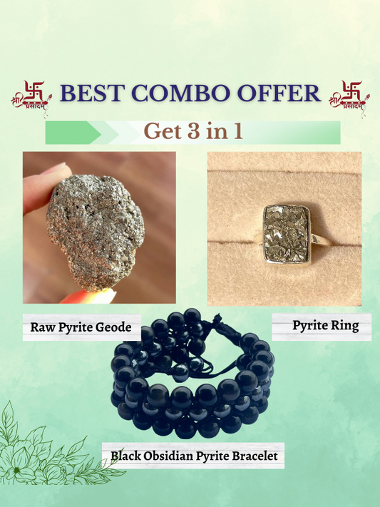Set of 3 in 1- Raw Pyrite Geode, Black Obsidian Pyrite Bracelet, Pyrite Ring