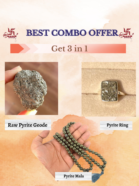 Set of 3 in 1- Raw Pyrite Geode, Pyrite Mala, Pyrite Ring