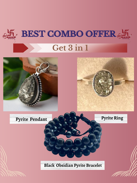Set of 3 in 1- Pyrite Pendant, Pyrite Ring, Black Obsidian Pyrite Bracelet