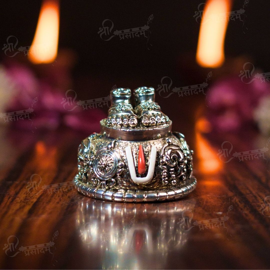 Silver Plated Carved Balaji Charan For Puja, Home, And Gift