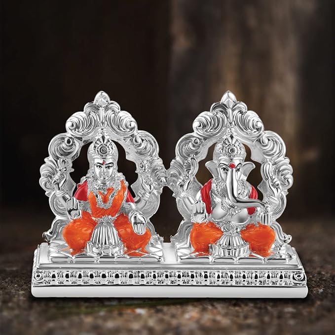 Goddess Lakshmi/Laxmi & Lord Ganesha Silver Plated Idol Statue