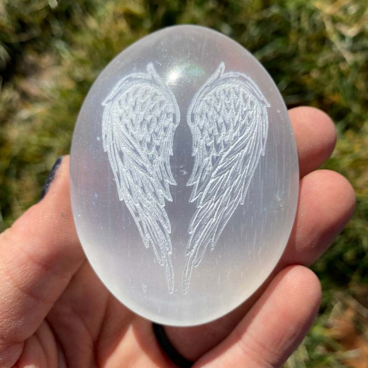 Selenite Palm Stone With Angel Wing Engraving For Removing Negative Energy