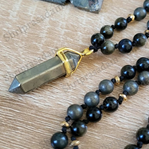 Golden Pyrite Mala with Obsidian Stone