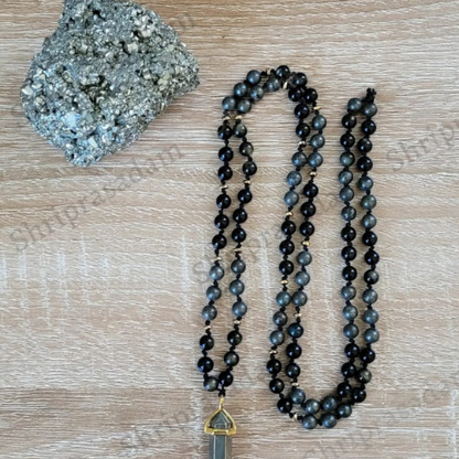 Golden Pyrite Mala with Obsidian Stone