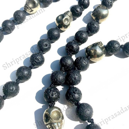 Pyrite Skull Mala with Black Lava Beads and Quartz