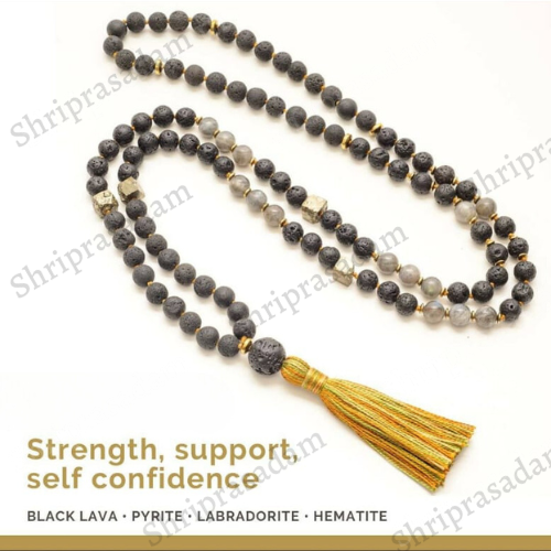 Pyrite Mala with Black Lava Beads and Labradorite