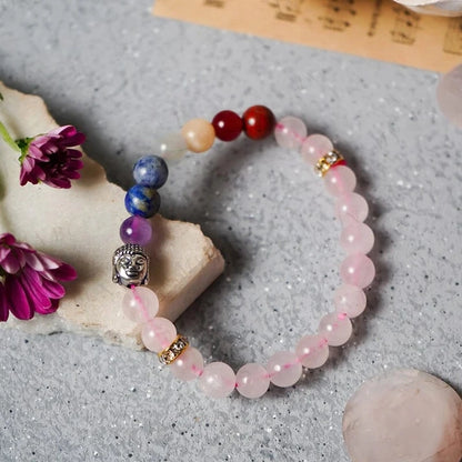 Rose Quartz & 7 Chakra Bracelet with Buddha Head Charm