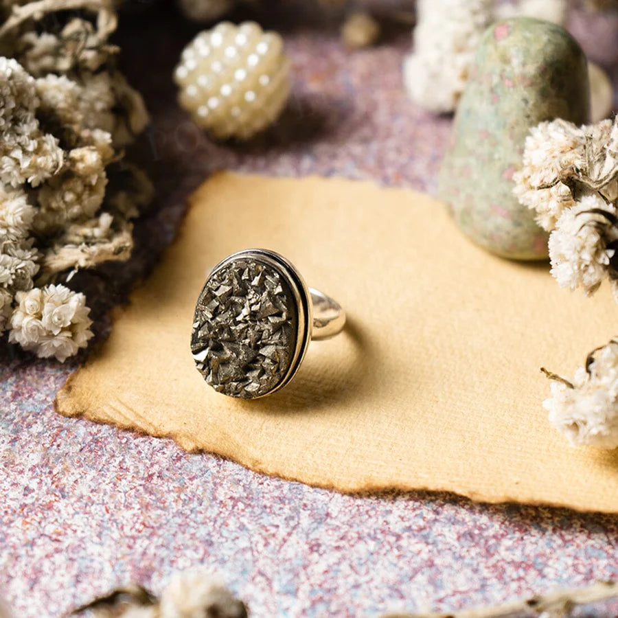 Set Of 3 in 1 - Pyrite Ring, Raw Pyrite Geode, Pyrite Bracelet