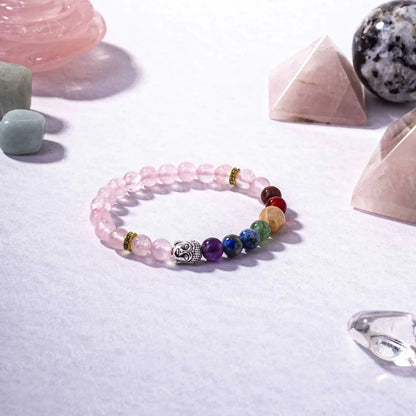 Rose Quartz & 7 Chakra Bracelet with Buddha Head Charm