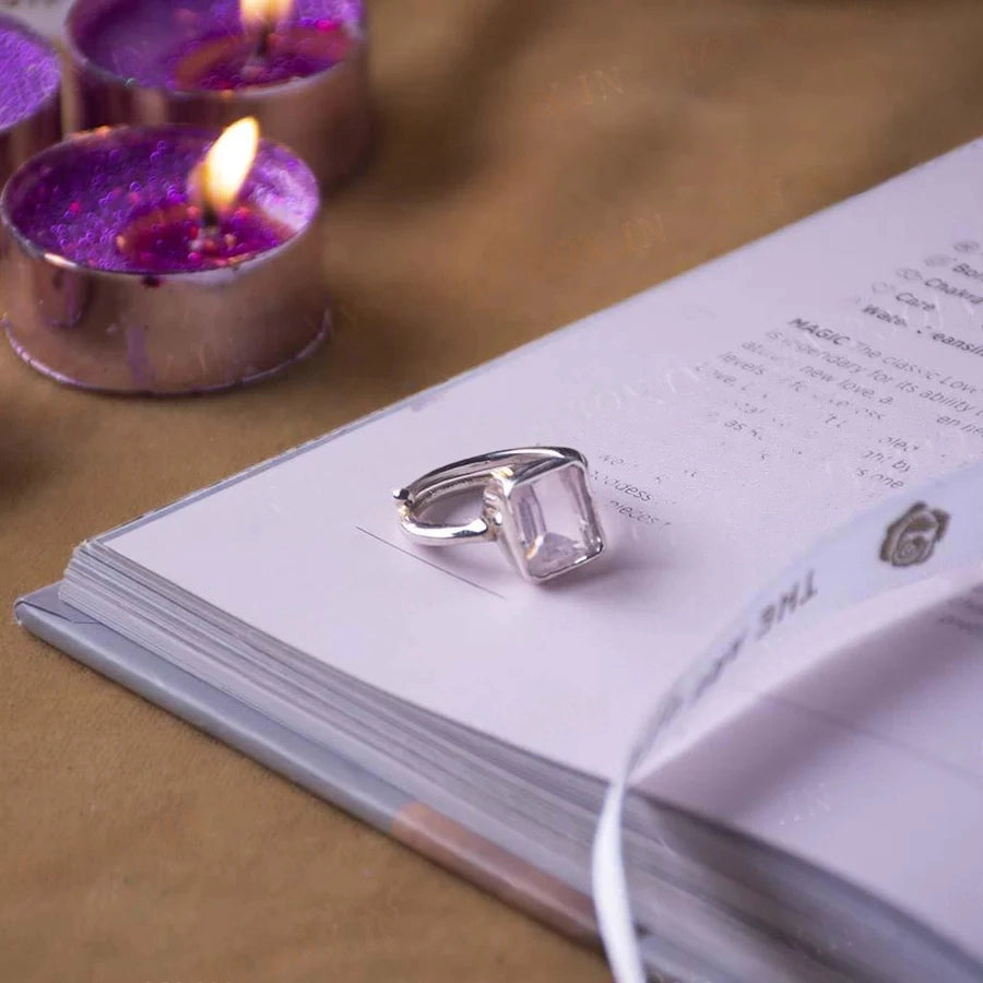 Rose Quartz Silver Square Adjustable Crystal Ring