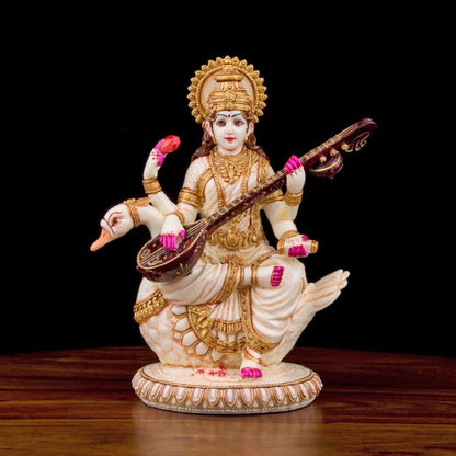 Goddess Saraswati Statue on Swan Idol Statue for Car Dashboard, Mandir, Pooja, and Home