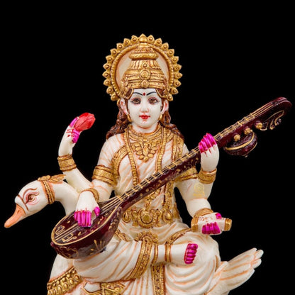 Goddess Saraswati Statue on Swan Idol Statue for Car Dashboard, Mandir, Pooja, and Home