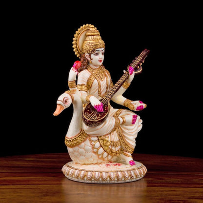 Goddess Saraswati Statue on Swan Idol Statue for Car Dashboard, Mandir, Pooja, and Home