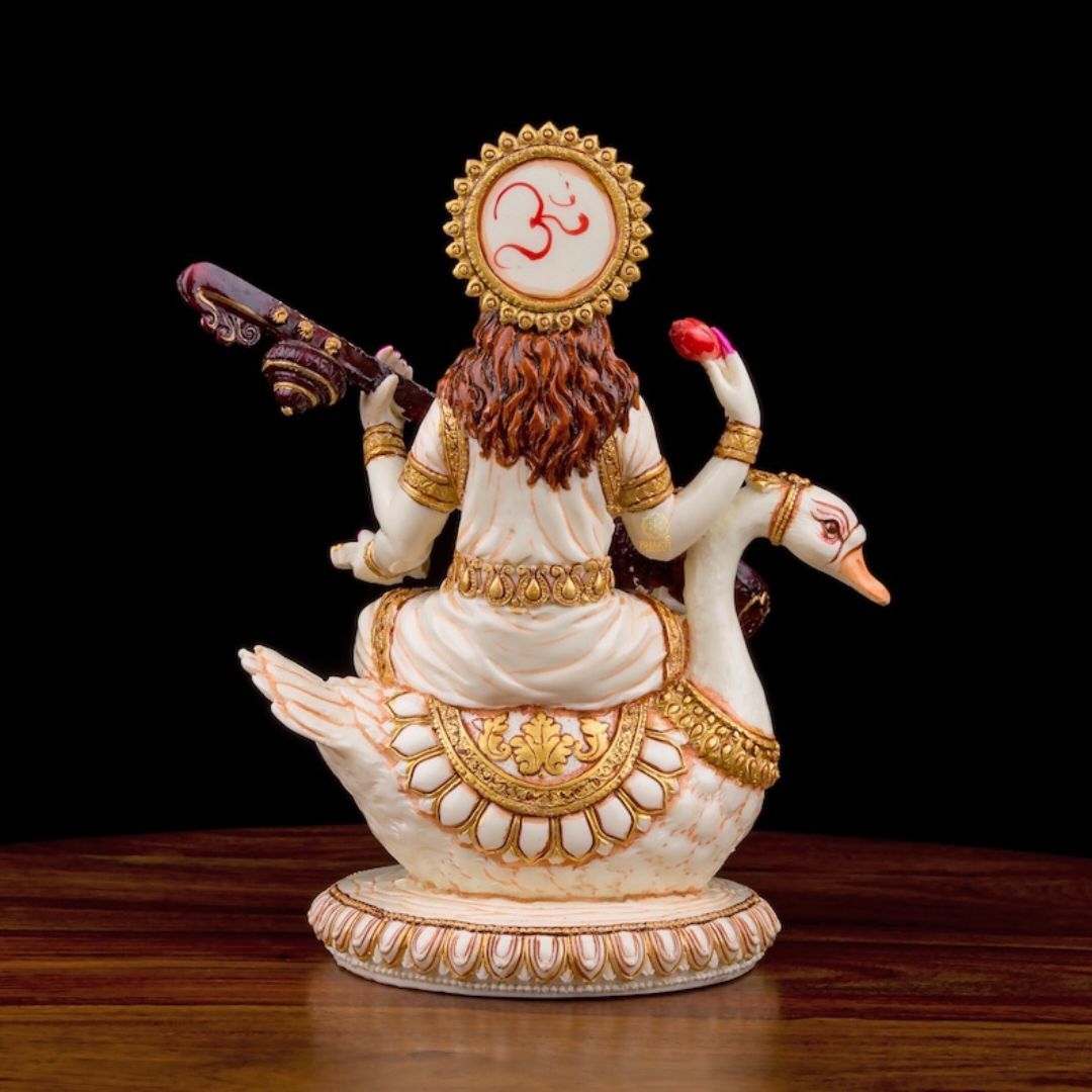 Goddess Saraswati Statue on Swan Idol Statue for Car Dashboard, Mandir, Pooja, and Home