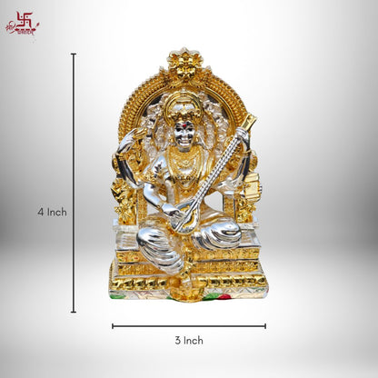 Saraswati Statue With Veena Gold and Silver Plated Idol For Puja, Home, And Gift