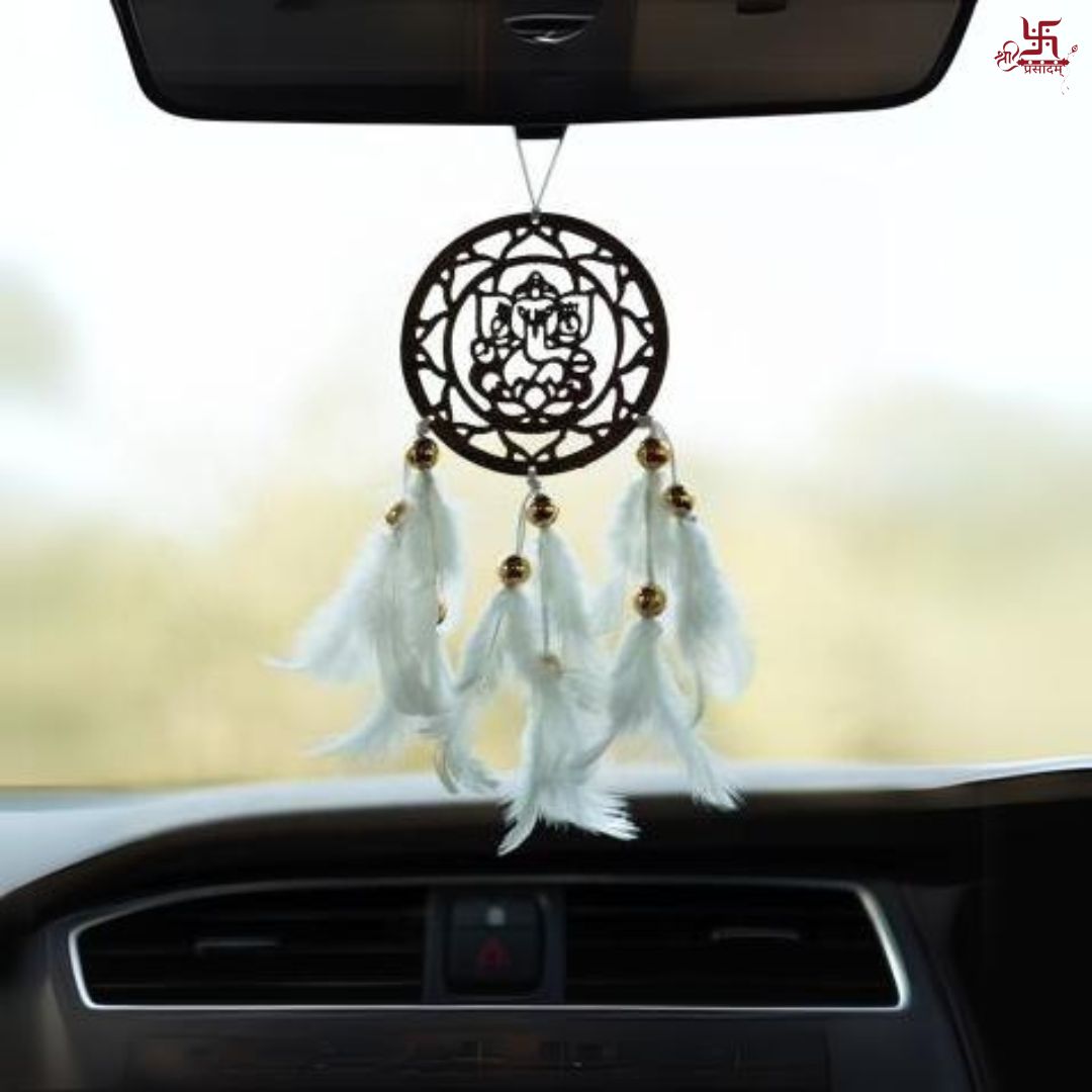 Lord Ganesh With White Feather Car Hanging Decor