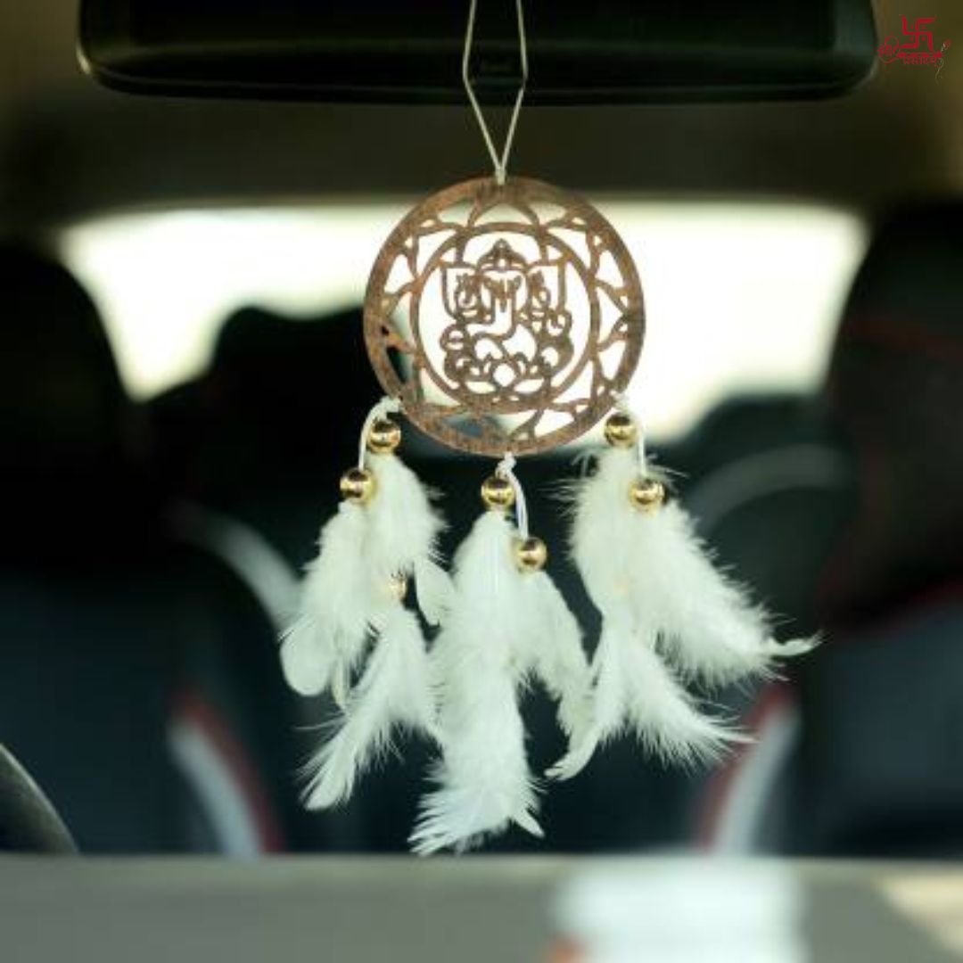 Lord Ganesh With White Feather Car Hanging Decor