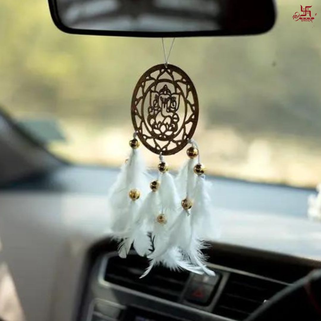 Lord Ganesh With White Feather Car Hanging Decor