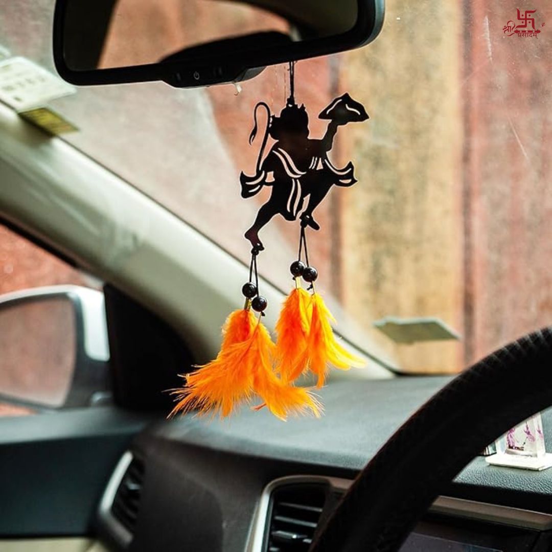 Lord Hanuman Carrying Mountain With Orange Feather Car Hanging Decor