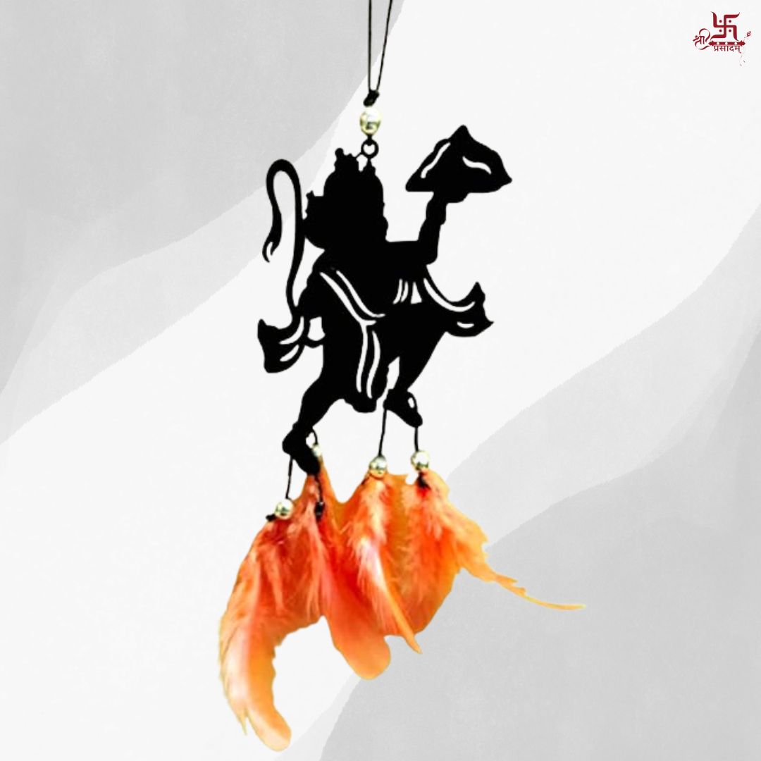 Lord Hanuman Carrying Mountain With Orange Feather Car Hanging Decor