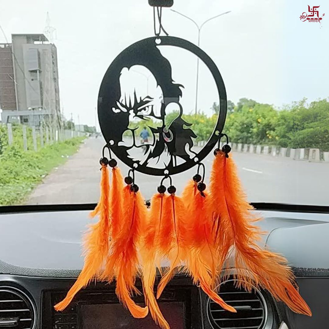 Lord Hanuman With Orange Feather Car Hanging Decor