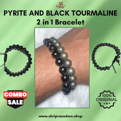 Pyrite and Black Tourmaline Bracelet | 2 in 1 Bracelet - Attract Money and Protection from Negative Energy