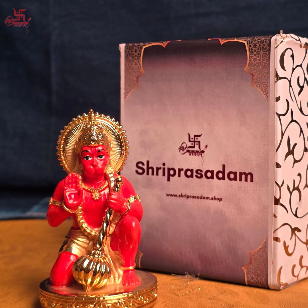 Red Hanuman Ji Gold Plated Idol For Puja, Home, And Gift