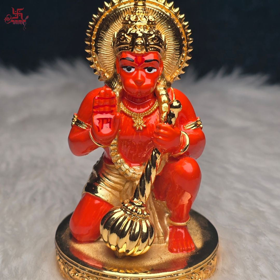 Red Hanuman Ji Gold Plated Idol For Puja, Home, And Gift