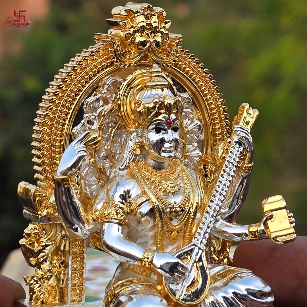 Saraswati Statue With Veena Gold and Silver Plated Idol For Puja, Home, And Gift