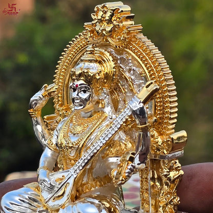 Saraswati Statue With Veena Gold and Silver Plated Idol For Puja, Home, And Gift