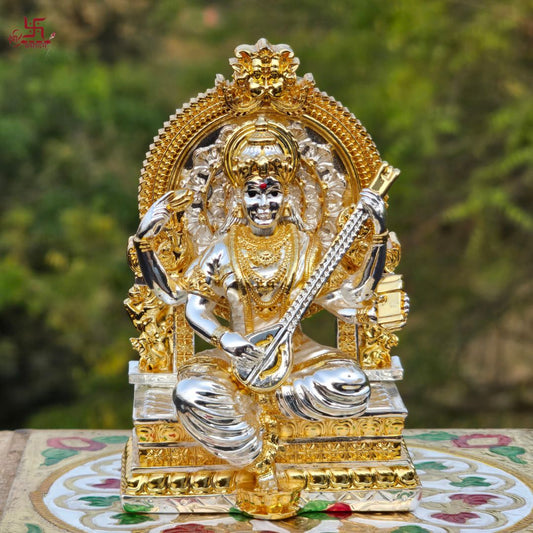 Saraswati Statue With Veena Gold and Silver Plated Idol For Puja, Home, And Gift