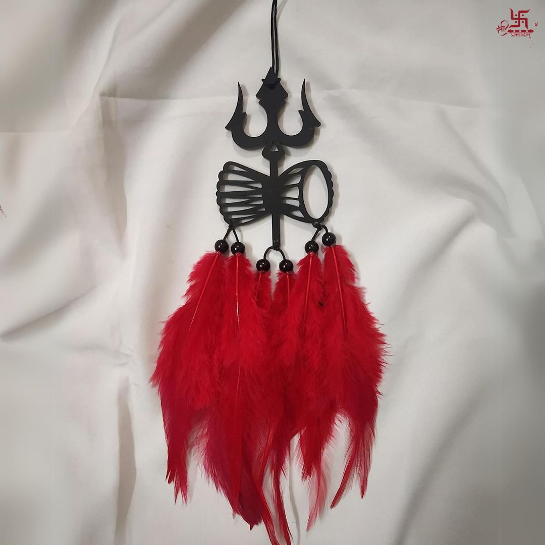 Shiv Ji Trishul & Damru With Red Feather Car Hanging Decor