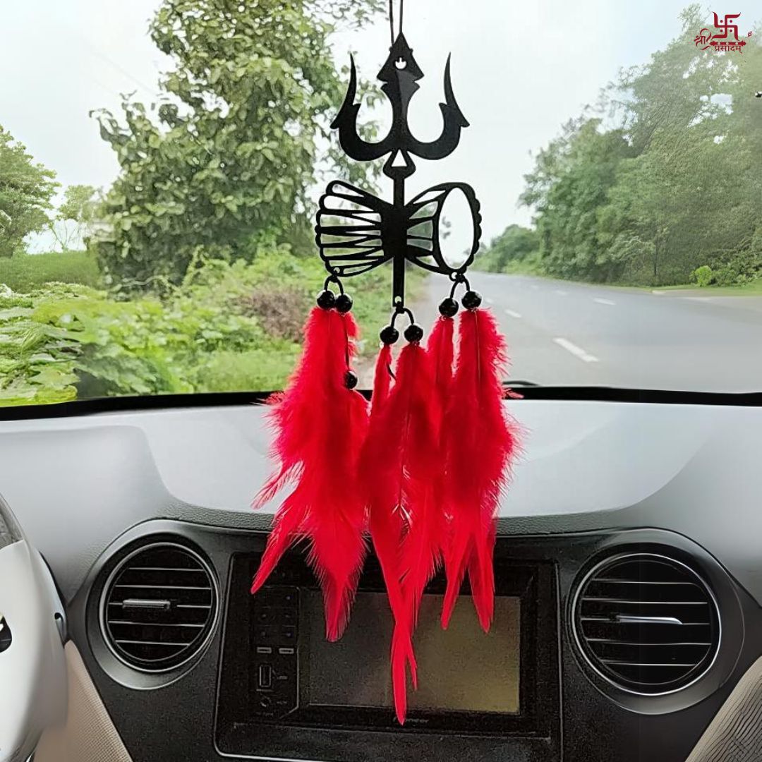 Shiv Ji Trishul & Damru With Red Feather Car Hanging Decor