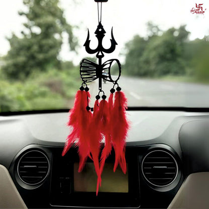 Shiv Ji Trishul & Damru With Red Feather Car Hanging Decor