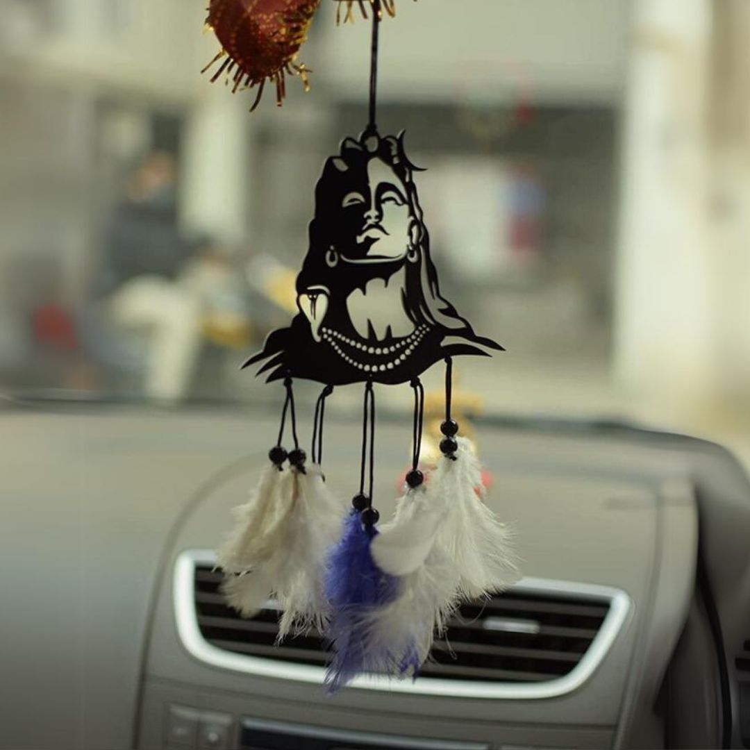 Shiv Ji With White & Blue Feather Car Hanging Decor