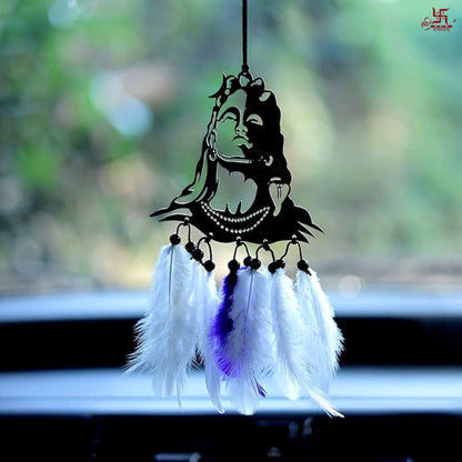 Shiv Ji With White & Blue Feather Car Hanging Decor