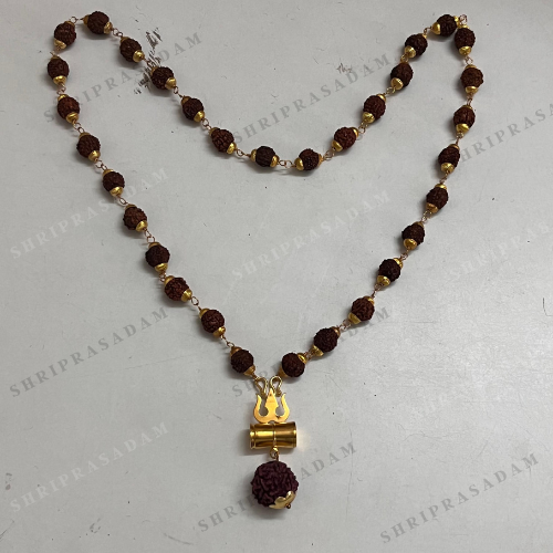 Natural Rudraksha Trishul Mala With Gold Plating