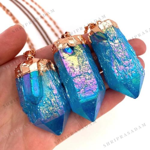 Blue Aura Quartz Crystal Necklace,