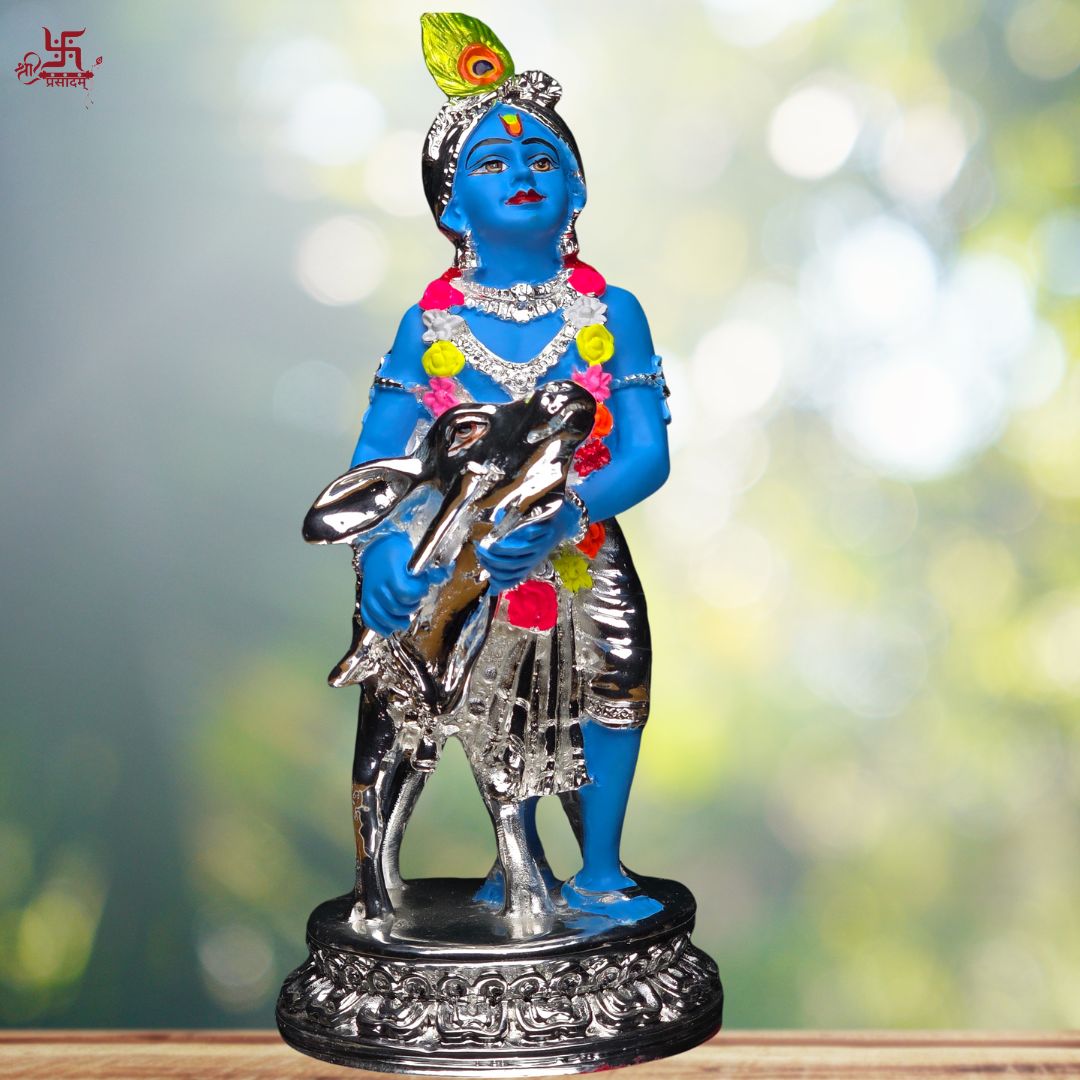 Silver Coated Krishna with Cow Idol For Puja, Home, Gift