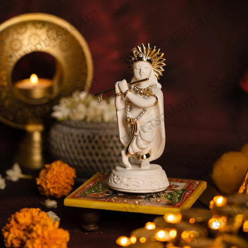 Propitious Lord Krishna with Flute Marble Idol