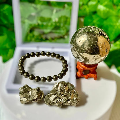 Natural Peru Pyrite Crystal Set For Abundance Wealth & Success. Pyrite Bracelet, 2 Raw Pyrites Cluster with Cubes