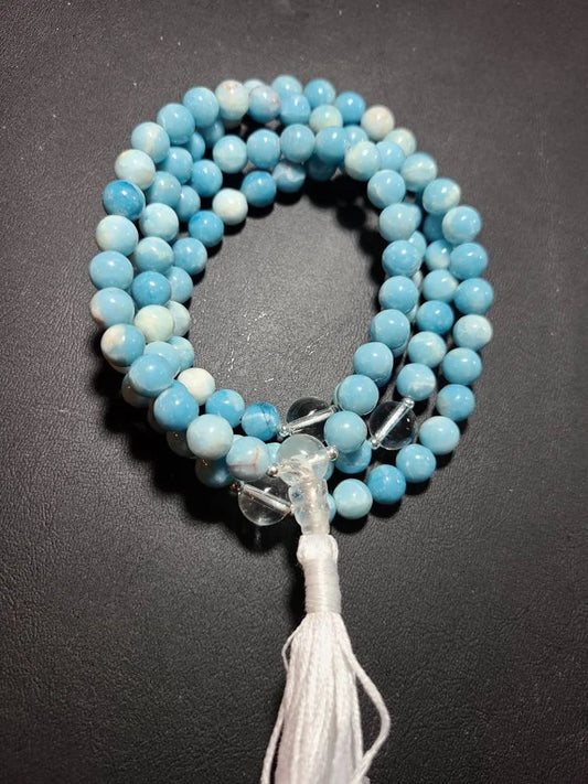 Beautiful Larimar Quartz Mala with Clear Quartz Markers and Guru Bead.