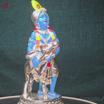 Silver Coated Krishna with Cow Idol For Puja, Home, Gift